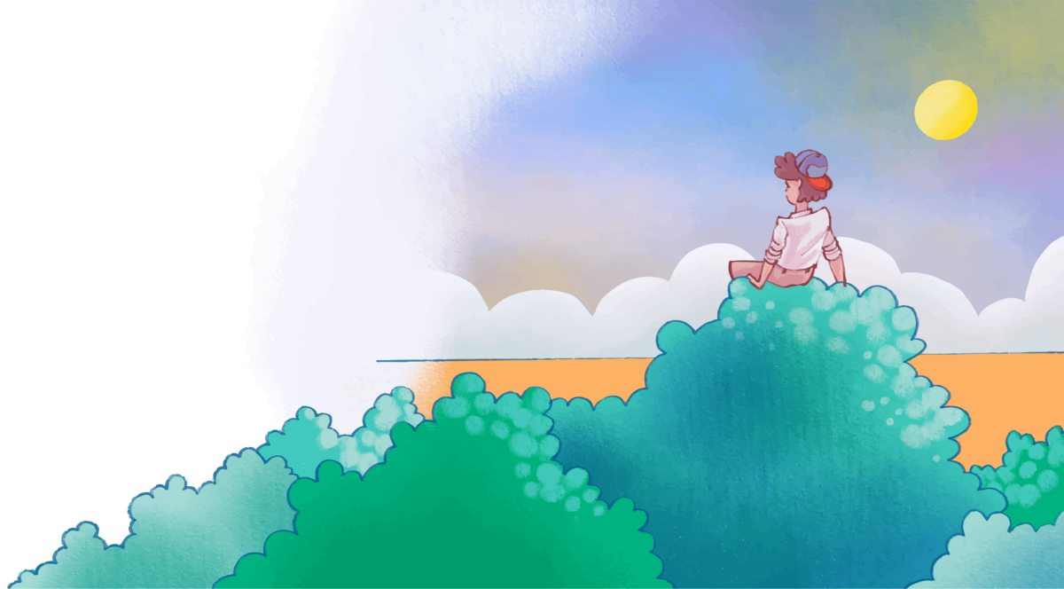 Illustration of the boy on the hillside at sunset